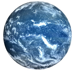 High detailed Fiction blue water surface planet with white atmosphere isolated. Science fiction....