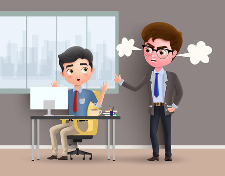 Angry boss business character vector concept. Office employee caught by angry boss while working in office desk. Vector illustration.