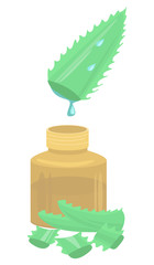 Vector illustration of an aloe Leaf oozing juice into a bottle.