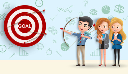 Business character team goals vector concept. Business people aiming target goal in dart by using archery for sales and marketing. Vector illustration.   