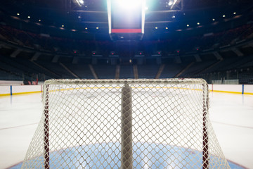 Looking across a hockey rink from behind the net