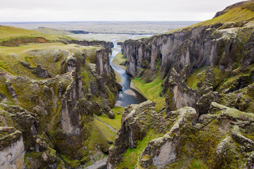 Scenic drone view of Fjadrargljufur canyon, Iceland