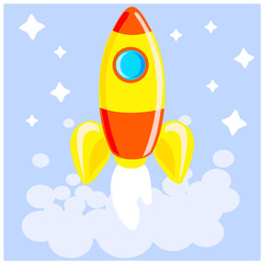 Vector illustration of cartoon children s rocket taking off into space.