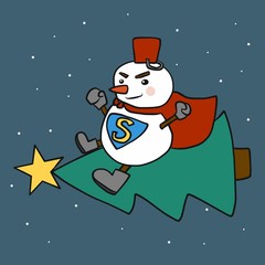 Super snowman flying by Christmas tree cartoon vector illustration