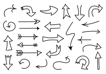 Big Set of Doodled Arrows. Set of outline sketch isolated on white background. Hand-drawn navigation collection vector illustration
