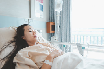 Asian woman lying on the hospital bed for admitting.Hospitalization concept.