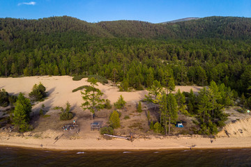 Tourist camp on the shore of Lake Baikal. View from above.
