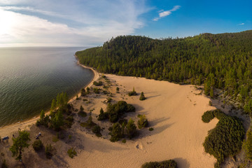 Sand dunes on the shore of Lake Baikal. View from above