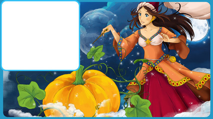 Cartoon scene with a young poor girl - big pumpkin and golden shoe - castle in the background with frame for text - illustration for children