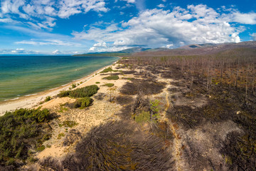 Fototapeta na wymiar Aerial view of the conflagration on the shore of Lake Baikal
