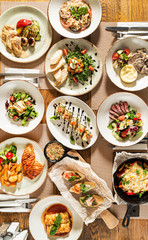 Christmas banquet  with many dishes, top view