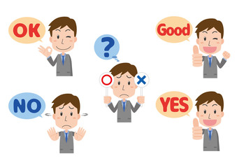 ハンドイン　サムズアップ　OK　NG　フキダシ　男性　スーツ　会社員