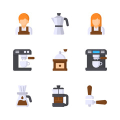 Coffee Shop Flat Vector Icon Set 3, Barista, Moka Pot, Coffee Machine, Grinder, Dripper, French Press and Tamper