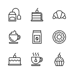 Coffee Shop Outline Vector Icon Set 2, Tea Bag, Cake, Croissant, Cappuccino, Coffee Bag, Donut, Tea Cup and Cup Cake