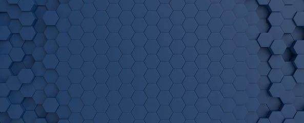 Zelfklevend Fotobehang Hexagonal dark blue navy background texture placeholder, radial center space, 3d illustration, 3d rendering backdrop © Sono Creative