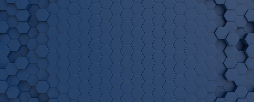 Hexagonal dark blue navy background texture placeholder, radial center space, 3d illustration, 3d rendering backdrop © Sono Creative