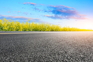 Empty asphalt road and blooming rape flowers in farmland field.