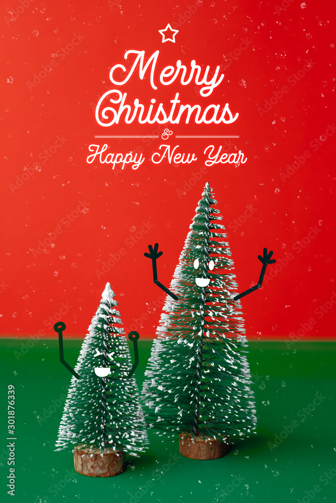Poster merry christmas and happy new year type with xmas tree with smile face emotion doodle style decorati
