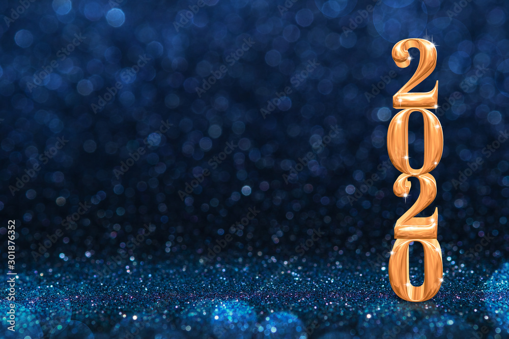 Poster 2020 golden new years 3d rendering at abstract sparkling dark blue glitter perspective background st
