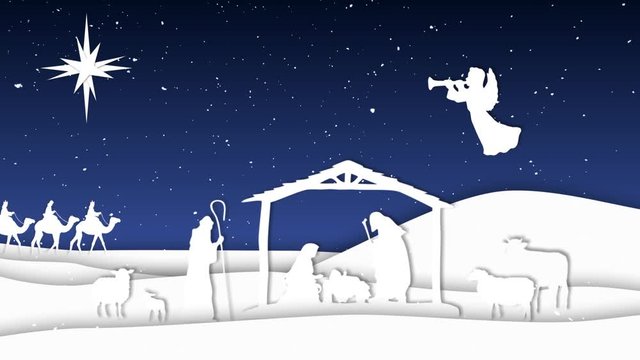 Nativity Paper Cut Outs Silhouettes 4K Loop features a nativity scene made from animated paper cut-outs with animals, manger, three wise men, angel and star against a blue sky with snowflakes in a loo