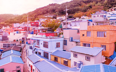 Panorama scenes of Gamcheon Culture Village at sunset, Busan, Korea