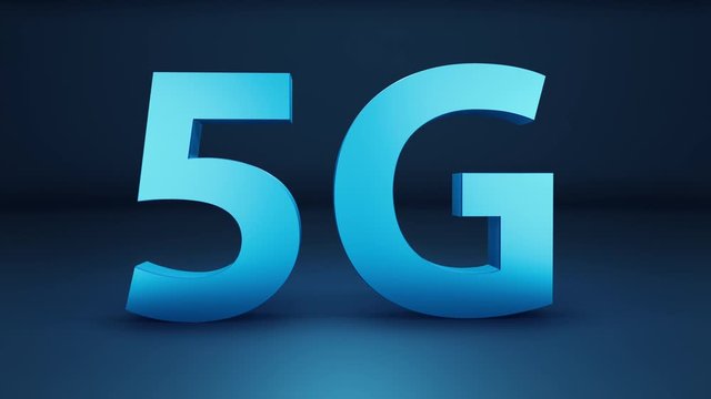 3d 5G word isolated on blue background, concept of new technology delivering. Camera zoom to giant letters, 3d cgi 60 fps animation.