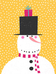 Christmas vector illustration of a snowman in top hat with scarf and tiny gift box on yellow background