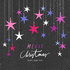Merry Christmas greeting vector illustration of hanging star ornaments on black or dark gray background