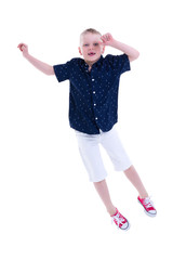 Little boy jumping.The concept of a happy childhood, sports and