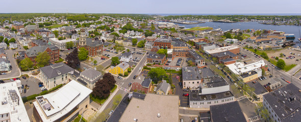 Aerial view of Gloucester City and City Hall panorama, Cape Ann, Massachusetts, MA, USA.