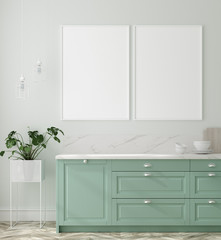 Kitchen in neo mint color, wall poster mock up, 3d render