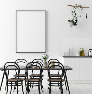 Poster mock up in rustic dining room, Scandinavian style, 3d render