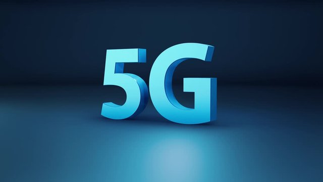3d 5G word isolated on blue background, concept of new technology delivering. Camera rotates near giant letters, 3d cgi 60 fps animation.