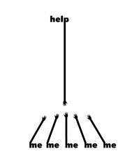 The word “help” extends down with a helping hand to the word “me” …five of them, that have hands reaching up. This is a helping hand.