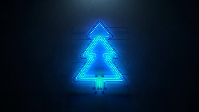 Blue and green christmas tree neon sign. Winter holidays symbol. Seamless loop 3D render animation