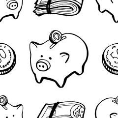 Doodle hand draw pig money bank holding seamless pattern background