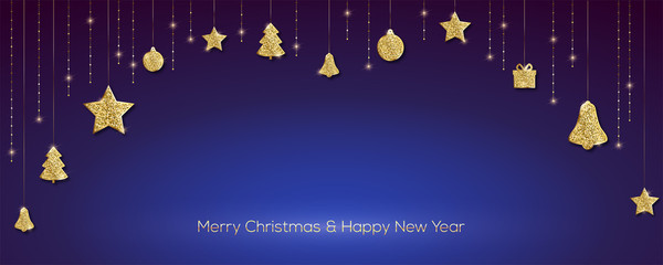 Christmas decorations. Golden christmas toys hanging on golden thread. Template for billboard, poster, cover. Vector 3d illustration.