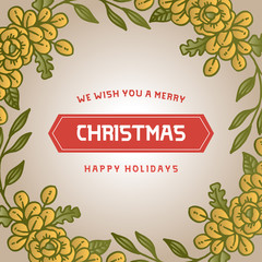 Fototapeta premium Text christmas happy holiday, with rose flower frame and green leaves. Vector