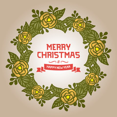 Text christmas happy holiday, with rose flower frame and green leaves. Vector