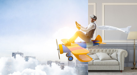 Aviator on retro airplane. Mixed media