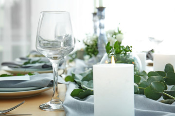 Beautiful table setting for wedding celebration in restaurant