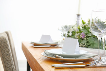 Beautiful table setting for wedding celebration in restaurant