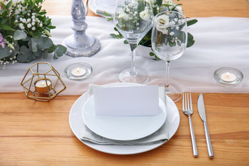 Beautiful table setting for wedding celebration in restaurant