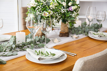 Beautiful table setting for wedding celebration in restaurant