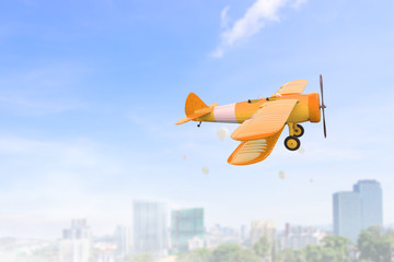 Retro airplane in sky. Mixed media