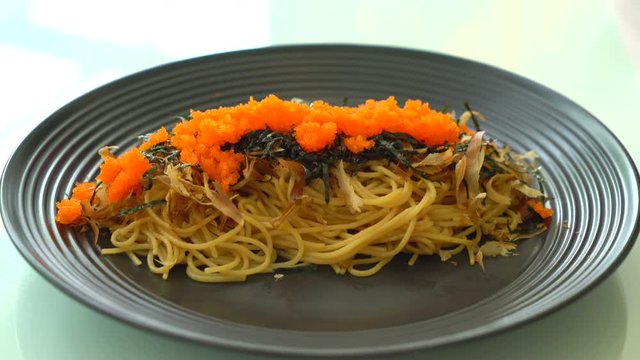 spaghetti japanese sausage with shrimp egg (tobiko)