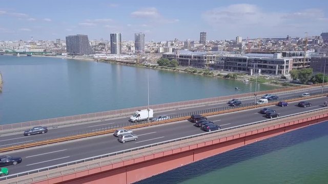 Cinematic opening  aerial shot of Gazela bridge and Waterfront in Belgrade