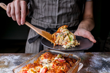 Homemade delicious baked cheese pie with vegetables. Close-up