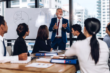 Group of professional business meeting and discussing strategy with new startup project.Creative business people planning and brainstorm with document report in modern workloft.Teamwork concept