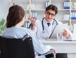 Female patient visiting male doctor for regular check-up in hosp